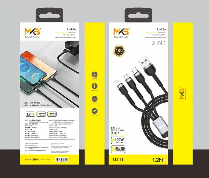 MKB U311 3 in 1 USB -LIGHTNING/Type-c/micro /100W higt power/FAST Cafule cable